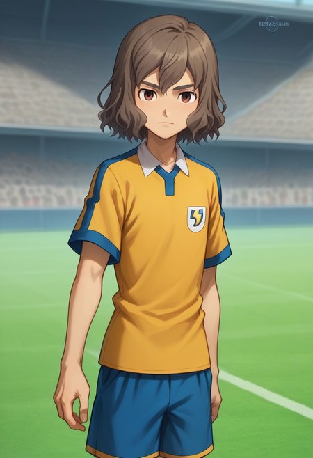 score_9, score_8_up, score_7_up, source_anime, highly detailed, 

takuma, 1boy, male focus, solo, grayish-brown hair, brown eyes, sportwear, soccer uniform, raimon soccer uniform, raimon, shirt, yellow shirt, short sleeves, shorts, blue shorts,

outdoor, 