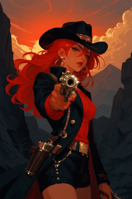 1girl, weapon, hat, gun, handgun, solo, long hair, belt, red hair, holding weapon, holding, looking at viewer, sky, jewelry, holding gun, earrings, breasts, cloud, parted lips, nail polish, outdoors, lips, shorts, holster, coat, cowboy hat, long sleeves, cowboy shot, medium breasts, hair between eyes, belt buckle, fingernails, red lips, buckle, aiming at viewer, blue eyes, cowboy western, rock, sunset, finger on trigger, green eyes, standing, aiming, cloudy sky, black coat, makeup, short shorts, black headwear, revolver, nose, outstretched arm, lipstick, eyelashes, mountain, shirt, jacket, zPDXL3,  PnyCmicXLPOS, detailxl,  (lineless, vector art:1.5)