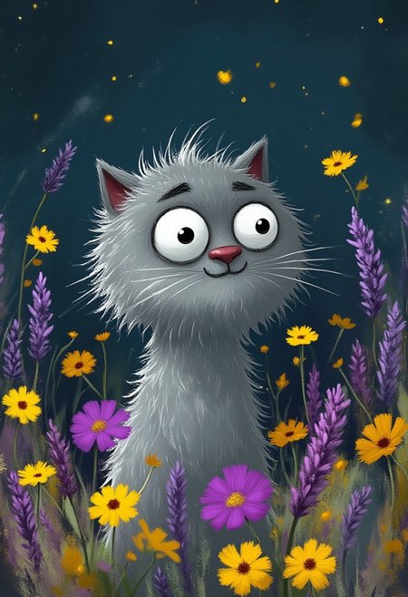 A whimsical illustration of a grey cat with spiky fur in dark whimsical art style, standing among lavender and yellow flowers, digital painting with expressive brushstrokes showing textured fur, space star war buttle background, characteristic Tim Burton inspired design with huge round eyes and pink nose