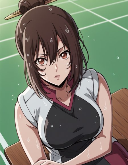 score_9, score_8_up, score_7_up, source_anime, <lora:nozomi-ishizawa-s1-ponyxl-lora-nochekaiser:1>, nozomi ishizawa, skirt, large breasts, brown hair, hair ornament, brown eyes, single hair bun,, skirt, sportswear,, rainy day, umbrella, walking home, puddles, wet hair, , looking at viewer, sitting, elbow rest, table,, solo,, dutch angle, cowboy shot