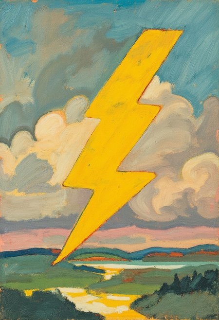 A yellow lightning bolt symbol. Post-Impressionist painting by artist Helmer Osslund, with expressive brushstrokes.