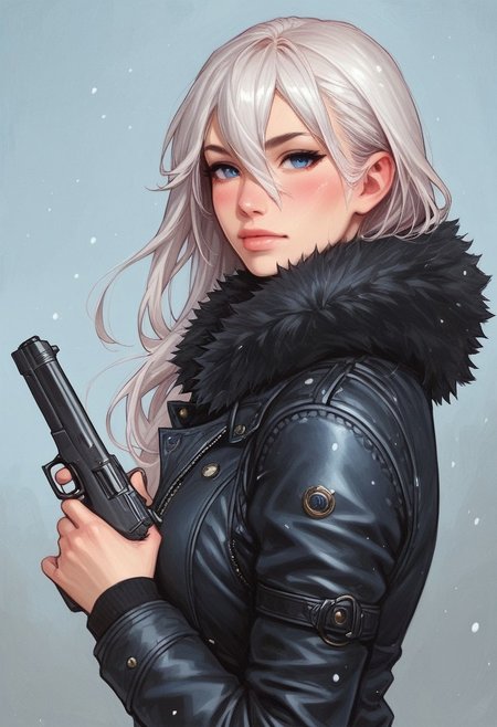 (((side view)))
1 girl, portrait, winter jacket with fur hood, long hair, winter, snowfall, 1girl solo, white hair, looking at viewer, bangs, day, blue sky, hair between eyes, outdoors, blush dramatic lights, relax,
(((full-clothed))), (big handgun, big pistol in hands:1.5),
BREAK 
(outdoor background:1.9) score_9, score_8_up, score_7_up, score_6_up, source_cartoon, rating_explicit, Expressiveh, (((((upper body))))), dynamic pose