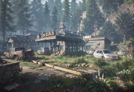 ,ruanyi0763,outdoors,tree,building,ruins,gas station,crowd,<lora:0763 post apocalypse_v1_pony:1>, score_9,score_8_up,score_7_up,,8k,1girl,solo,