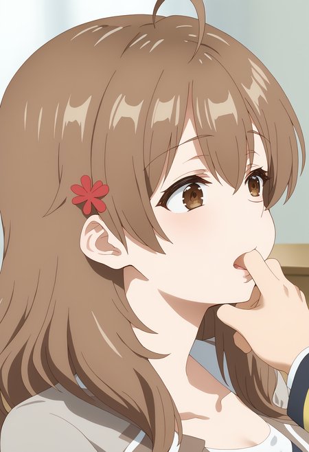 score 7 up, source anime, 1girl, , <lora:Maria_Roshidere_V1:1> KJOmaria, brown hair, brown eyes, hair between eyes, ahoge, long hair, hair ornament, , <lora:_sdxl-fingercandy-pony:1> fingercandy,,