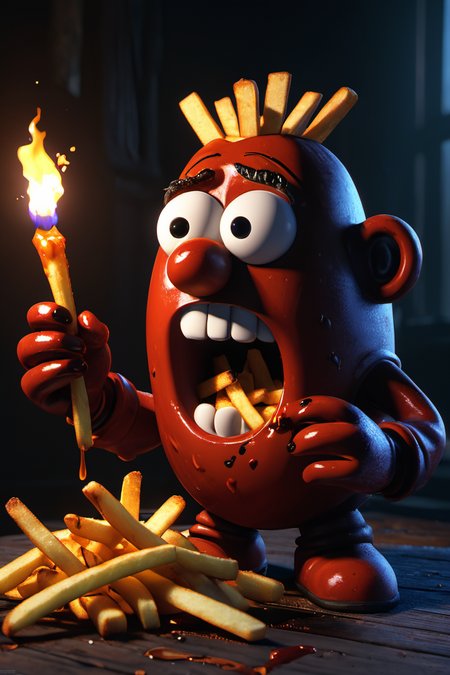 Horror-themed mr potato head eating french fries with ketchup,cinematic still frame,35mm,8K,thorough,fries in mouth,ketchup,, glow effects, godrays, Hand drawn, render, 8k, octane render, cinema 4d, blender, dark, atmospheric 4k ultra detailed, cinematic, Sharp focus, big depth of field, Masterpiece, colors, 3d octane render, 4k, concept art, trending on artstation, hyperrealistic, Vivid colors, extremely detailed CG unity 8k wallpaper, trending on CGSociety, Intricate, High Detail, dramatic . Eerie, unsettling, dark, spooky, suspenseful, grim, highly detailed