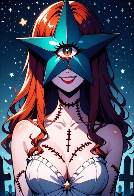 score_9, score_8_up, score_7_up, masterpiece, best quality, medium shot, beautiful mostrochan, redhead, long hair, blood-injected eye, medium shot, sexy smile, sexy lips, body stitches, star-shaped face, cemetery, spooky night background