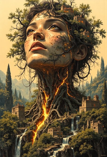 A tight head-and-shoulders portrait of a woman whose form is an extension of the earth itself. Her skin is textured like weathered stone and rich soil, with deep glowing fissures along her collarbone and neck, radiating soft golden light. Embedded veins of molten rock glow faintly beneath the surface. Her eyes are polished amber with flecks of gold and deep mossy green. Small trees and patches of dense greenery grow along her cheekbones and jawline, their leaves mist-covered and softly illuminated. Tiny glowing bioluminescent mushrooms cluster at the base of her throat. Her hair is composed of twisted vines, tangled roots, and blooming wildflowers, interwoven with fallen leaves and delicate petals. As it flows downward, it transforms into a dense, sprawling forest covering her shoulders, where miniature treetop villages are nestled among the branches. Small lanterns hang between the trees, casting a soft, golden glow. Her shoulders and collarbones form rolling hills, with small waterfalls cascading down her form, creating mist that drifts gently through the air. Clear rivers carve through the terrain, their surfaces reflecting warm sunlight. Tiny stone bridges arch over winding streams. Along the slopes of her shoulders, ancient stone ruins, partially covered in ivy, rest in quiet decay. The background is softly blurred, showing golden sunlight.