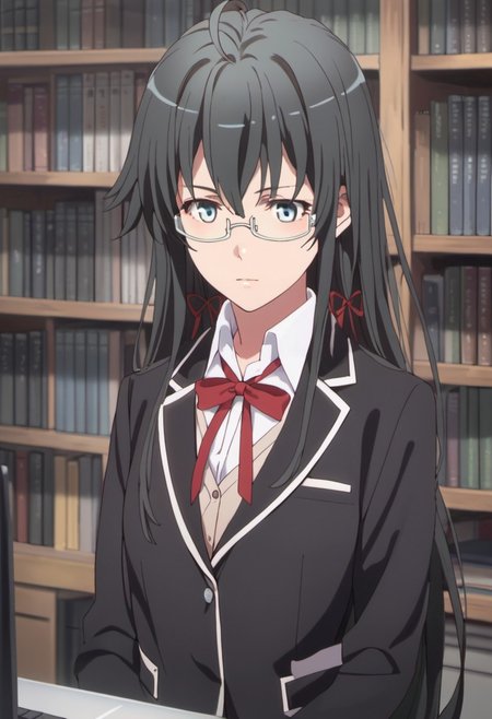score_9, score_8_up, score_7_up, source_anime, yukinoshita yukino, long hair, black hair, blue eyes, 1girl, sobu high school uniform, school uniform, glasses, solo, jacket, blazer, ribbon, computer, black jacket, hair ribbon, bookshelf