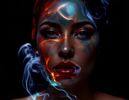 <lora:Staggering:0.85> staggering, Abstract portrait of a woman whose face is composed of swirling, colorful smoke; wisps of deep indigo, crimson, and gold intermingle to form her features; she wears a flowing gown of iridescent silk, shimmering with every movement; dramatic side lighting, dark background, surreal, ethereal beauty, digital painting. . 35mm photograph, film, bokeh, professional, 4k, highly detailed
