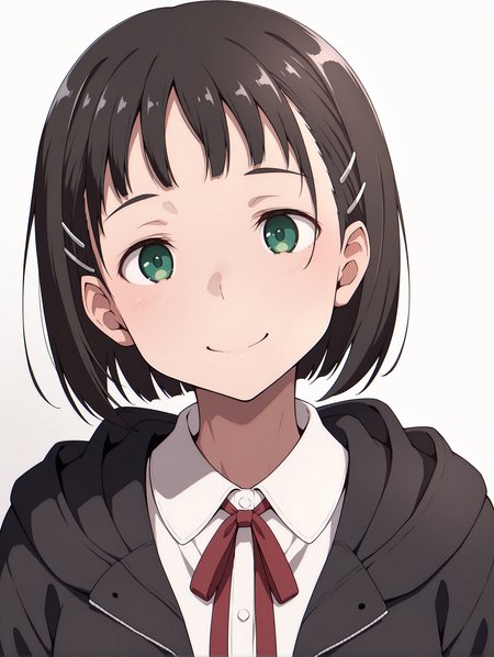 masterpiece,best quality,newest,1girl,solo,
<lora:p_suguha_v1.0:1>,p_sugu,hairclip,green eyes,
<lora:Fixhands_anime_bdsqlsz_V1:1>,simple_background,white background,looking_at_viewer,upper_body,face_focus,jacket with black hood,blouse,red ribbon tie,standing,hood down,portrait,front view,embarrass,smile,