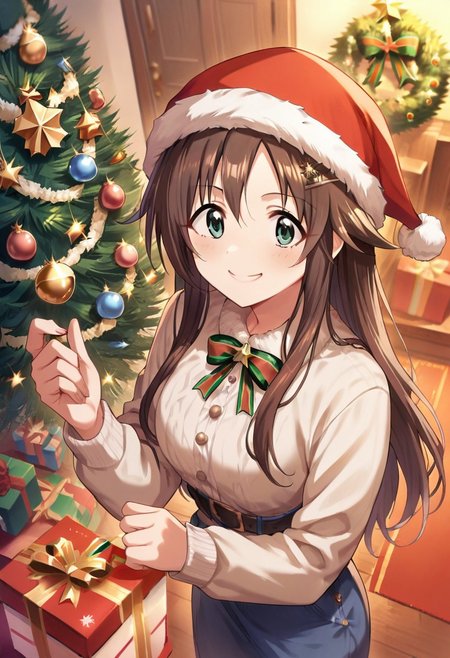 score_9, score_8_up, score_7_up, source_anime,himekawa yuki, long hair, brown hair, green eyes, 1girl, hat, christmas, smile, hair ornament, santa hat, christmas tree