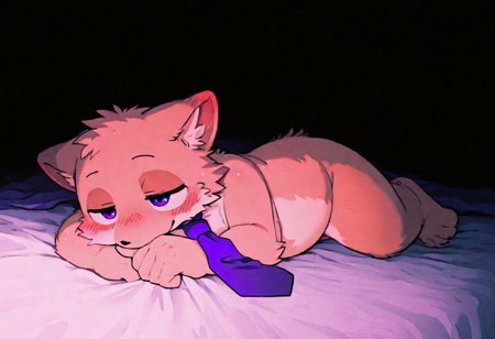 will (will javatanuki), zuppu11, momowaa, purple eyes, purple tie, lying on bed, full body, blushing, 1boy, solo, furry, cute, kemono, masterpiece, best quality, very awa, very aesthetic, absurdres, questionable