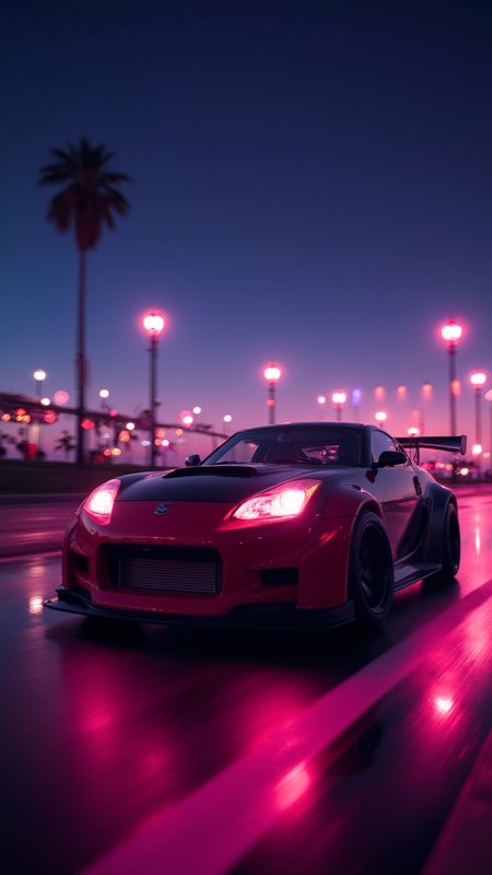 Cartooncore, Sports car, epic background, science fiction, original, ultra ambient illumination, bokehmachine
