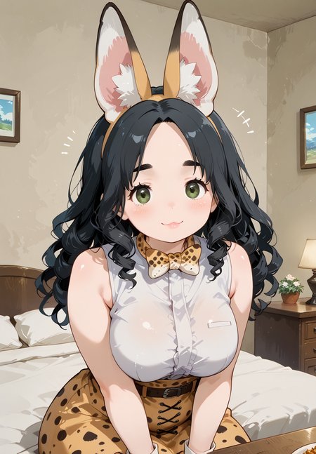 IllusP0s, PonyScores7, source_anime, ah1, IllustriousQual, interesting, exciting, spectacular, wonderful, 
BREAK <lora:xl_more_art-full_v1:0.2>, <lora:aesthetic_anime_v1s:0.2>, <lora:EpicF4nta5yXL:0.2>, <lora:detailxl:0.2>, detailxl, <lora:Fant5yP0ny:0.2>, amazing quality, best aesthetic, absurdres, illustration, Volumetric_Lighting, ultra-detailed, very aesthetic, intricate details, best_quality, <lora:Anime_Aesthetic_Wallpaper_StyleIllustriousXL:0.4>, aniwall,
BREAK ((sits on a bed, leaning forward with a thoughtful expression and a hint of mischief)),
BREAK Stable_Yogis_PDXL_Positives, AS-Adult, <lora:Complicated fantasy portrait - XL Pony V2.0:0.2>, bad-hands-5, <lora:HDA_Detailer:0.3>, <lora:natsumi_style:0.5>, <lora:by_usakun-pony:0.4>, by usakun, <lora:Akina_Bbw_Style_-_PonyXL:0.2>, AkinBw, ((rockabilly fashion style, influenced by 1950s rock and roll culture, features retro dresses, high-waisted jeans, and vintage hairstyles, conveying a fun and nostalgic aesthetic)),
BREAK 1girl, mature female, (curvy), round-chin, caucasian, <lora:ETO_OC_Illustrius:0.5>, eto_oc, skindentation, (plump), thick thighs, wide hips, busty, voluptuous, <lora:venus body PonyXL:0.3>, <lora:shinyskin2:0.2>, glistening skin, HDA_FatGirlXL, round ass, large breasts,
BREAK ((<lora:serval-cosplay-ponyxl-lora-nochekaiser:0.8>, serval cosplay, serval (kemono friends) (cosplay), serval print, print bowtie, print bow, two-tone bowtie, orange bowtie, two-tone bow, print skirt, white bowtie, orange bow, animal ears, belt, cat ears, fake animal ears, gloves, leopard print, yellow skirt, white shirt, sleeveless, sleeveless shirt)),
BREAK (curly hair), long hair, (black hair:1.4), (parted hair:1.7), messy hair, kinky curls, <lora:hairdetailpxl:0.2>, hairdetailpxl,
BREAK (half green and brown eyes), (colorful eyes), (multicolored eyes), (downturned eyes:1.4), <lora:expressive eyes:0.2>, expressive eyes, <lora:eyedetailpxl:0.2>, eyedetailpxl, <lora:Eyes_High_Definition:0.2>, EyesHD, (round face:1.2), (thick eyebrows:1.3), (plump face), <lora:Round_face:0.2>, lips, 
BREAK ((Unhappy, Not happy expression)), <lora:Expressive_H:0.2>, Expressiveh, <lora:Emotional_Anime_Expressions_PonyXL_Concept:0.2>, emotional, <lora:Best_Facial_Expression_LoRA_PONY:0.2>, looking at viewer, <lora:Detailed expressive EXEV style -XL Pony V1.0:0.2>, FaceDetail, <lora:Best_Facial_Expression_Helper_XTREME_ILLU:0.4>, kaogei,
BREAK (((a stylish dining room, featuring elegant table settings, tasteful decor, a sophisticated ambiance))), <lora:Background Detailer - SDXL:0.8>, 4k, 8k, Ultra HD, Masterpiece, Best quality, Detailed background, <lora:Add_more_details_V2_XLpony:0.4>, full_details, <lora:background-type1:0.4>,