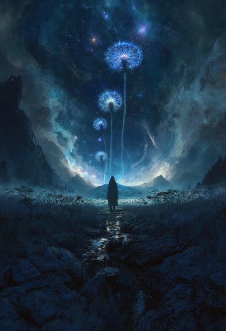 Highly detailed and dramatic digital artwork featuring a lone figure standing on a narrow, rocky path surrounded by a field of dandelions. The person, dressed in a long, dark coat, is silhouetted against a starry night sky, holding three oversized, glowing dandelions that extend into the sky. The dandelions emit a soft, ethereal light, contrasting with the deep blues and blacks of the cosmic background. The sky is filled with swirling nebulae and stars, creating a dreamlike atmosphere. The landscape is framed by distant mountains and a calm river, enhancing the mystical and otherworldly feel of the scene. <lora:FluxMythP0rtr4itStyle:0.6> <lora:flux.1_lora_flyway_Epic-Characters_v1:0.6> <lora:Elden_Ring_-_Yoshitaka_Amano:0.33>