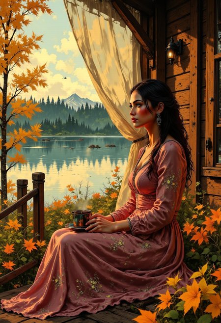 Canadian Autumn Lakehouse – Pastel Burgundy Dress
A young woman sits on the wooden porch of a cozy Lakehouse, surrounded by trees ablaze in autumn colors. She wears a pastel burgundy dress with delicate floral embroidery, its flowing fabric rustling in the crisp fall air. A sheer cream-colored curtain flutters softly beside her, catching the golden light of the setting sun. A steaming cup of cider rests in her hands as she watches the gentle ripples on the lake, fully immersed in the peaceful beauty of fall.
