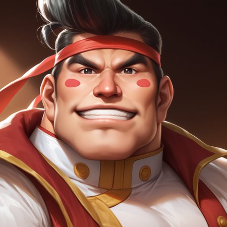 source_furry, source_explicit, source_anime, detailed background, (score_9, score_8_up, score_7_up), rating_explicit, zoroj, masterpiece, best quality, high quality, ultra detailed, highly detailed, high detail, artistic lighting, (highly detailed face, (perfect face, perfect eyes)), depth of field, perfect soft lighting, best shadows, perfect reflections, volumetric, detailed image, high resolution, defined faces, sharp definition,
solo, 1boy, male focus, Gong Strong, black eyes, black hair, pompadour, blush stickers, red nose, red headband, 
jptradhut, indoors, dynamic poses, various poses, looking at viewer, smile, grin, medium shot,