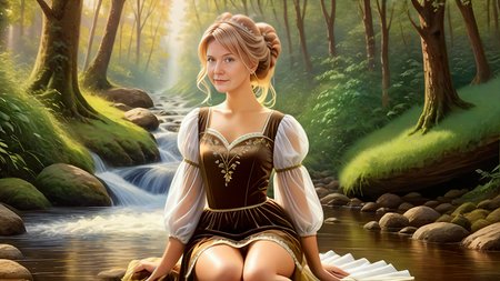 (background of a <lora:Thomas Kinkade Style:1>Thomas Kinkade Style - Thomas Kinkade style portrait of a a stream in the woods with beautiful scenery. Highly detailed)
(1 cute girl:1.8),(caucasian:1.8),(Kneeling with one hand on the floor),(age 25),(chubby body:1.3),(straight body:1.8)(Touched Expression),(long blonde hair:1.5),(Banana Clip Updo),(wide hips:.9),(thick thighs:.9), (<lora:flat_chested_v4:1.5>),
( (Brown:1.8) fairy dress),(long skirt), (puffy sleeves),(intricate embroidery),(lace),(sheer),<lora:xl_fairy_dress-1.0:0.5>