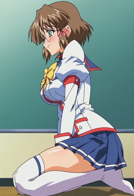 <lora:RaikaKenStyle-09:1> true blue kaya, short hair, brown hair, hair ribbon, green eyes, glasses, blush, (school uniform), skirt, thighhighs, long sleeves, white jacket, blue skirt, miniskirt, puffy sleeves, pleated skirt, <lora:Kaya_-_a«a¤_TRUE_BLUE_Gaiden_for_Pony:1>, rating_questionable,1girl, breasts, solo, large_breasts, side_view, kneeling, arched_back, arms_stretched_forward, legs_bent, relaxed_pose, full_body, yoga_pose, catlike_stretch, low_angle, score_9, score_8_up, score_7_up, score_6_up, shiny, shiny skin, shiny hair, 8k, masterpiece, absurdes, highly detailed, highres, high quality, best quality, anime screencap, anime coloring, happy