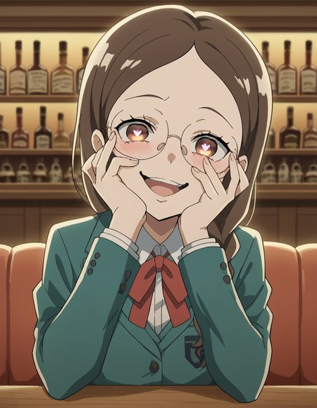 score_9, score_8_up, score_7_up, source_anime, <lora:megumi-takahashi-s1-ponyxl-lora-nochekaiser:1>, megumi takahashi, long hair, brown hair, brown eyes, braid, glasses, hair over shoulder,, school uniform, jacket, blazer, ribbon, red ribbon, green blazer, shirt, white shirt, collared shirt, skirt, pleated skirt, grey skirt,, bar, drinks, stools, counter, nightlife, smile, <lora:yandere-trance-ponyxl-lora-nochekaiser:1>, yandere trance, yandere, hands on own cheeks, hands on own face, crazy eyes, crazy smile, crazy, heart-shaped pupils, glowing eyes, symbol-shaped pupils, hand on own face, open mouth, glowing, blush, looking at viewer,, looking at viewer, solo,, dutch angle, cowboy shot