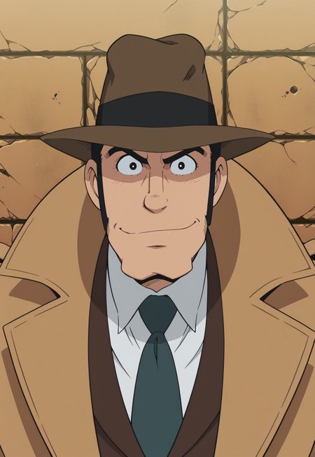 solo, masterpiece, modern, new, 1boy, male, masculine face, daddy looking face,

LupinZenigata, black hair, sideburns, fedora, trench coat, necktie, shirt, headshot, looking at viewer, smiling