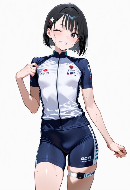 masterpiece, best quality, amazing quality, simple background,((outlined outlined vector graphics)),  simple background,  white background,
1girl, solo, female focus ,20yo, black hair, black eyes, short bob hair, hair pin,small breast, slender,(white thigh strap:1.1),  looking at viewer ,smile,grin, wink , sweat,,cowboy shot,cycling wear, cycling-wear, cute face , short sleeves  <lora:cycling-wear-il-01:0.7>
