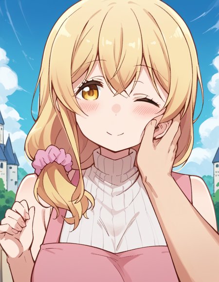 score_9, score_8_up, score_7_up, source_anime, <lora:ayaka-sunohara-s1-ponyxl-lora-nochekaiser:1>, ayaka sunohara, long hair, bangs, blonde hair, yellow eyes, mature female,, dress, sleeveless, apron, sweater, turtleneck, scrunchie, hair over shoulder, ribbed sweater, hair scrunchie, pink scrunchie,, floating castle, sky, magical, clouds, fantasy, smile, <lora:guided-hand-on-cheek-ponyxl-lora-nochekaiser:1>, guided hand on cheek, hand grab, hand on another's cheek, hand on another's face, looking at viewer, pov, pov hands, smile, blush, one eye closed, caress, caressing cheek, looking at viewer, solo,, dutch angle, cowboy shot