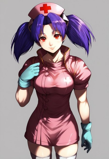 score_9, score_8_up, score_7_up, source_anime, anime illustration, masterpiece, best quality, lots of details, BREAK zPDXLx, mur4k4mi-ip,bloody roar 2,alice tsukagami /(2 outfit/),1girl,solo,hat,gloves,,nurse cap,red cross hat,twintails,nurse,red eyes,thighhighs, skirt smile,looking at viewer,breasts,blue hair,short sleeves,purple hair,