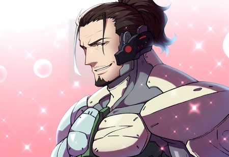 score_9, score_8_up, score_7_up, source_anime, BREAK, solo, 1boy, smile, looking at viewer,  <lora:FEA-S-Rank-pdxl_Fp:1>, pink background, sparkle, bubble, <lora:JetstreamSam_XLPD:0.9>, JetstreamSam, cyborg, bodysuit, headgear, beard, upper body, from side,