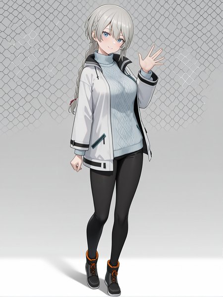 masterpiece,best quality,newest,
1girl,solo,
<lora:ADELAIDE_BLUTHAUSEN_ilxl_v1.0:1>,a_bluthausen,grey hair,blue eyes,braided ponytail,
s_nase,white jacket,long sleeves,turtleneck sweater,black pants,ankle boots,
<lora:Fixhands_anime_bdsqlsz_V1:1>,face_focus,looking_at_viewer,full body,honeycomb_background,standing,light_blush,white_background,seductive_smile,waving,