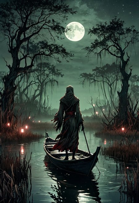 linquivera,  Ink illustration, (anime:0.5), brown tones, aged black red paper, inkpunk, moonlight,surreal, a ghost standing on a boat in swampy wetlands, (at a distance), Will-o'-the-wisp, moonlit, lonely, solitude, windy, tall trees, willows, willowy,  OverallDetail, extremely detailed, UHD,(long exposure , dystopian but extremely beautiful:1.4),