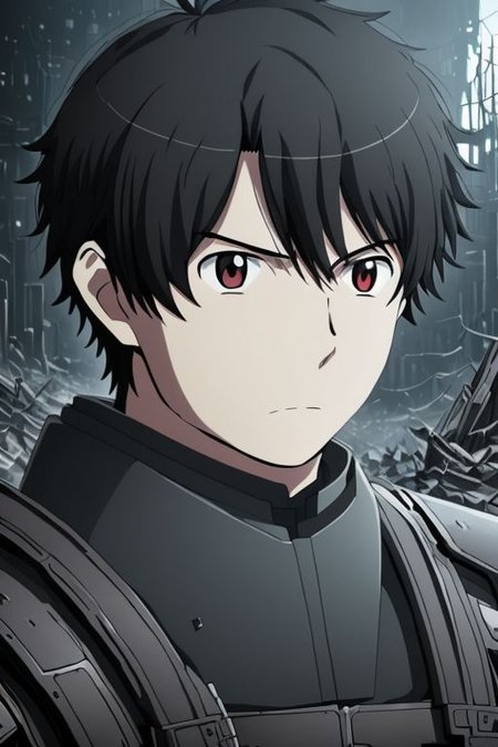 high resolution, solo, best quality, 1Boy, Portrait, Inaho Kaizuka, Black Hair, dystopia, serious looking, armor, fantasy,