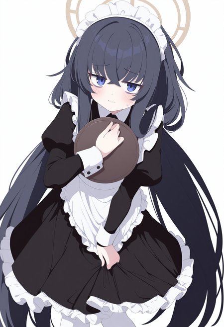 1girl, ui \(blue archive\), blue archive,
solo, maid, alternate costume, looking at viewer, puffy sleeves, wrist cuffs, black dress, bags under eyes, halo, frilled apron, dress, white apron, cowboy shot, holding tray, pantyhose, maid headdress, simple background, apron, white background, standing, white pantyhose, maid apron, black hair, frills, holding, blush, tray, enmaided, juliet sleeves, skirt hold, sweatdrop, long sleeves, blue eyes, closed mouth, very long hair, long hair,
masterpiece, best quality, newest, highres, absurdres
<lora:Siro9_noobesp11_4-000015:1>