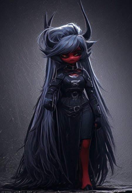 (score_9, score_8_up, score_7_up), PRSNL_3_1, HCSV1, illustration, ((cartoon)), hand drawn, ((masterpiece)), (furry art, uploaded on e621, 4k, fine details, (subtle soft details), (female), ((imp)), gloves, demon girl, (red skin mottled with white spots), imp tail, black pupils, black sclera, ((black ram horns)), short stature, 1girl, (((very long light teal hair tied into a ponytail:1.4))), dark teal highlights, ((purple slave collar)), black puffy lips, black eyeliner, ((detailed orange eyes)), ((dynamic pose)), plump, cute, beautiful, ((black sclera:1.4)), orange iris, Detailed hand, medium breasts, cleavage, curvy, pink fingerless gloves, large iris, hooves, fur on ankles around hooves, medium bulge, solo, Helldivers, in a futuristic, armored suit. The armor is predominantly dark gray with pink accents at the shoulder plates, knee pads, and boot heels, It's a sleek design with segmented plates suggesting both flexibility and protection, (cyberpunk city outskirts, cable, standing, scales, road, outcasts, black background, walking, car, horizon, decay, dystopian, cinematic lighting, vivid colors, futuristic chestplate, loincloth, covered navel, /(((holding a rifle with both hands, m41apls)))