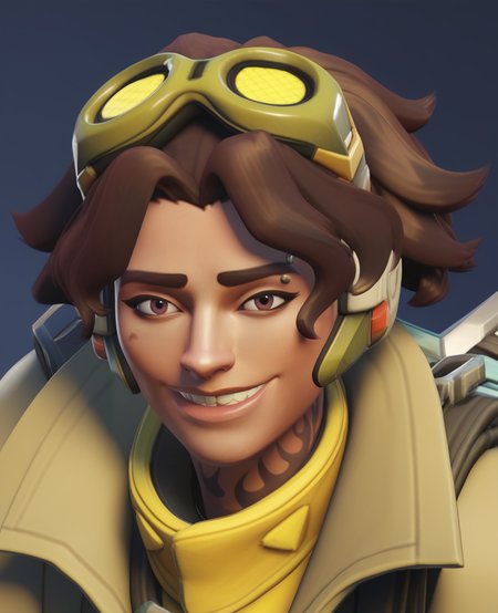 score_9,score_8_up,score_7_up,score_6_up, 3d, realistic,  <lora:Venture_Final:0.7>, venchurro1, eyebrow piercing, neck tattoo, wavy hair, short hair, brown hair, brown hair, chipped tooth,  goggles on head, headphones, shirt, jacket, shirt, pants, belt, carabiner, fingerless gloves, open jacket, looking at viewer, smile, portrait, close up