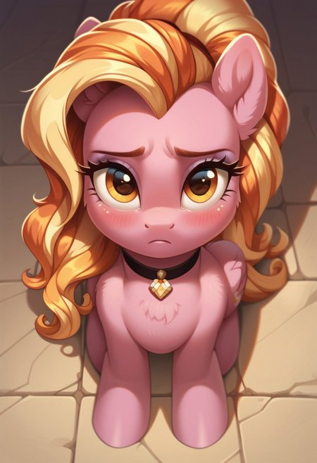 score_9, score_8_up, score_7_up, score_6_up, score_5_up, score_4_up, my little pony, solo, luster dawn, choker, on knees, sad, shy, blushing, school background, hearts, look at you, beautiful, detailed, (detailed cute pony face), detailed fur, beautiful, vector, flat colors, (beautiful long eyelashes), ((close-up)), high angle