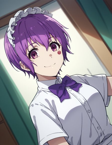 score_9, score_8_up, score_7_up, source_anime, <lora:naruha-sakuragi-acc1-ponyxl-lora-nochekaiser:1>, naruha sakuragi, short hair, purple eyes, purple hair,, shirt, bow, tail, short sleeves, bowtie, maid headdress, rabbit tail,, indoors, smile, looking at viewer, solo,, cowboy shot, dutch angle