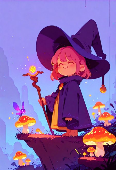masterpiece, best quality, simple illustration, magical creature, glowing mushrooms, flies, cloak, side view, smiling, happy, little creatures following,  big hat, staff ,absurdres, cinematic lighting, Flatline, Flat vector illustration