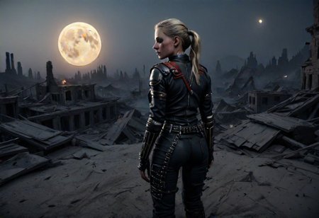 In the music video for "Blades in the Moonlight," Samurai Girl emerges from the moonlit shadows of a desolate wasteland, her blond hair tied back in a ponytail and clad in black and red cyberpunk leather armor. With two katanas at her side, she moves with silent grace through the ruins of a crumbling city, the moon casting an eerie glow on her every fluid movement.Amidst the ruins of a once-thriving city, wasteland. electrifying the sexually charged atmosphere. octane render, unreal engine 5cyberpukai, Cyberpunk