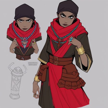 score_9, score_8_up, score_7_up, masterpiece, best quality, newest, absurdres, highres, DDAntiq-V1.1, scarf, bandana, robe, dark-skinned female, dark skin, belt pouch, pouch, necklace, belt, ring, bracelet, DDstyle, official style, black eyes, shaded eyes,