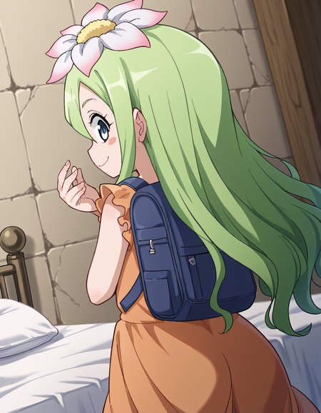score_9, score_8_up, score_7_up, source_anime, <lora:celine-darkness-ponyxl-lora-nochekaiser:1>, celine, long hair, blue eyes, hair ornament, flower, green hair, hair flower, wavy hair, blush stickers,, dress, backpack, orange dress, frills,, well, water, stone, old, deep, , <lora:dio-brandos-pose-ponyxl-lora-nochekaiser:1>, dio brandos pose, dio brando's pose (jojo), back, ass, from behind, jojo pose, standing, blush, smile, bed room,, looking at viewer, solo,, dutch angle, cowboy shot