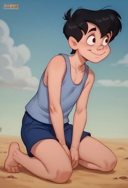 score_9, score_8_up, score_7_up, score_6_up, 1boy, solo, male, Neddiehugson, 1boy, solo,  black hair, short hair, black eyes, thin body, thin face, short stature, cute boy, big smile, shy, tank top, shorts, barefoot, sitting down, legs spread leaning forward, hands between legs