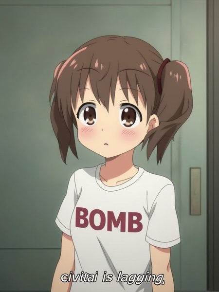 An anime screencap of a cute girl with short brown hair in pigtails in a white shirt standing in front of a closed door. Her shirt has the text "BOMB". There are subtitles at the bottom with the text "civitai is lagging"