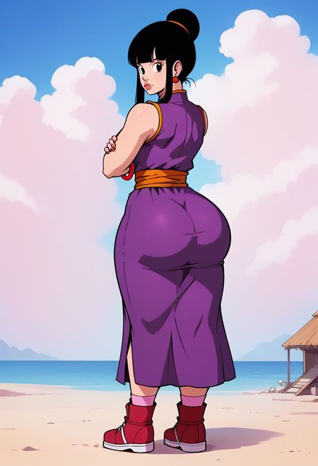 score_9, score_8_up, score_7_up, , looking back, looking at viewer, 1 girl,chi-chi, black hair, sidelocks, earrings, blunt bangs, hair bun, black eyes, red bracelet, crossed arms, single hair bun, red footwear, purple dress, orange neckerchief, pink leg wear, orange sash, sleeveless, medium breasts, wide hips, plump, buxom, outdoors, sunny, sky, clouds, street, thick thighs, big ass, wide hips, narrow waist,  big ass, round ass,  bimbo