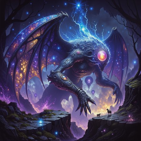 highly detailed, intricate, detailed background, famous artwork inspired by ron spence and agostino arrivabene, dramatic scene, fractal art, 1990s scifi style, dynamic angle, this bioluminescent life form, the "mundane bonesquark" with its iridescent hide hunts the vabbling creatures in the vibrant primeval forests on planet "blumsberry x", its resiliforged body casting a soft, pulsing glow on the obviatoric surroundings, golden ratio, in the style of ck-ovf, amanoer, arsmjstyle, dnddarkestfantasy, aidmamj6.1,
<lora:style-oneviolentfantasy-ep21-flux-by_chronoknight:0.28>
<lora:style-yoshitaka_amano-elden_ring-flux-by_alicient:0.36>
<lora:style-dnd_dark_fantasy-flux-by_arsmachina:0.92>
<lora:midjourney_61-v0.4-flux-by_aidma:0.64>
<lora:faetastic_details-flux-by_faeia:0.52>