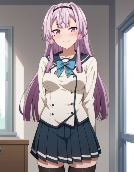 score_9, score_8_up, score_7_up, source_anime, uncensored, <lora:StS_detail_slider_v1:3>, zPDXLxxx, <lora:Sakura_Akino_PONYXL_VexVexX:1>, SakuraAkino, 1girl, pink eyes, pink hair, long hair, sidelocks, hair ornament, hair flower, hairband, mole under eye, bangs, medium breasts, school uniform, serafuku, black thighhighs, pleated skirt, long sleeves, blue bow, cowboy shot, indoors, from front, standing, hands behind back, looking at view, thighs, smile,