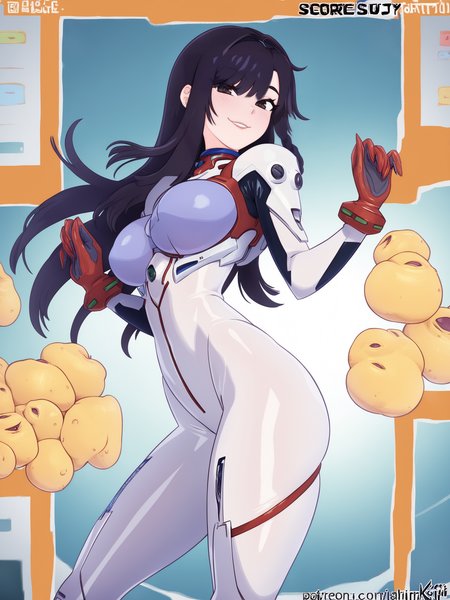 masterpiece, best quality, best score, high detail, absurdres,
<lora:[Kajin-man] Artist Style IllustriousXL:1>,looking at viewer, shiny skin, large breasts, smile,  thighs, skindentation, Misato Katsuragi from evengelion, putple plugsuit, black hair,