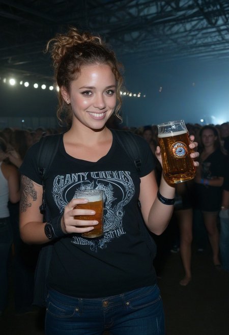 The image is a high-resolution photograph taken in a dimly lit, industrial indoor setting, likely at a concert or music festival, given the atmosphere and the presence of a large crowd in the background. The focal subject is a young woman, likely in her early twenties, standing near the edge of the crowd. She has light skin, long, curly, light brown hair tied up in a messy bun, and a bright, engaging smile on her face. She's holding a tall glass of amber-colored beer in her right hand, positioned in front of her chest. She's wearing a black t-shirt with a graphic print on the front featuring a stylized logo or design, and dark blue jeans. 
Her left arm displays a detailed tattoo on her upper arm, showcasing intricate designs. She's wearing a black backpack, and a wristband on her left wrist, suggesting she might have paid for entry or has a special status. The background shows a bustling crowd of people, most of whom are dressed in casual, dark clothing. The background lighting includes industrial elements, such as large metal beams and structures, and a faint glow from what appears to be stage lighting or spotlights. The atmosphere is lively and slightly chaotic, capturing the essence of a lively, crowded event.