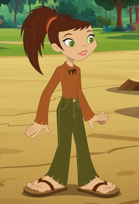 score_9, score_8_up, score_7_up, 1girl, solo,
long-sleeved brown sienna shirt, olive green pants, brown hair, green eyes, sharp ponytail, sandals
woods background,perfect hands, show accurate, perfect feet,