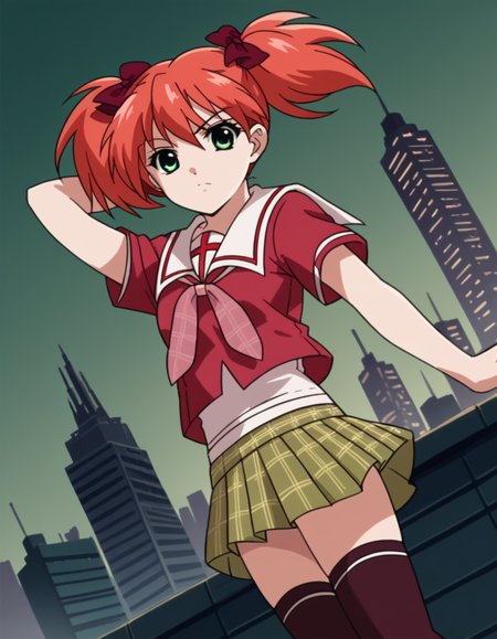 score_9, score_8_up, score_7_up, source_anime, <lora:kokoa-shuzen-s2-ponyxl-lora-nochekaiser:1>, kokoa shuzen, twintails, green eyes, red hair, hair bow, short hair,, skirt, thighhighs, school uniform, black thighhighs, plaid, serafuku, red shirt, short sleeves,, city skyline, rooftop view, night time, city lights, quiet reflection, , hand behind head, , looking at viewer, solo,, dutch angle, cowboy shot